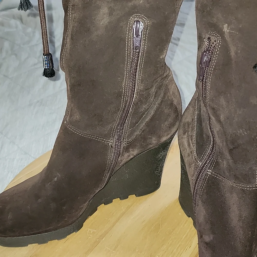 Diane Von Furstenberg Dark Brown Suede Wedge Boots Knee High Womens 10
